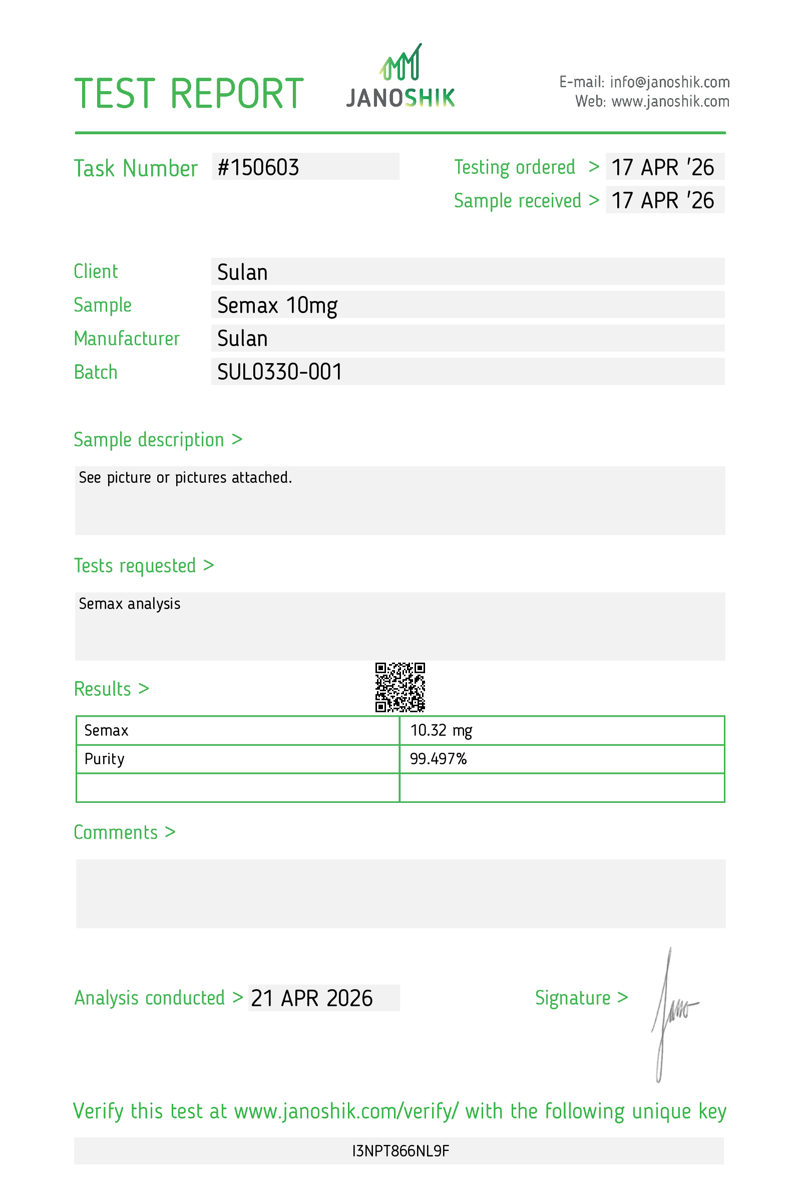 Semax 10mg Janoshik report