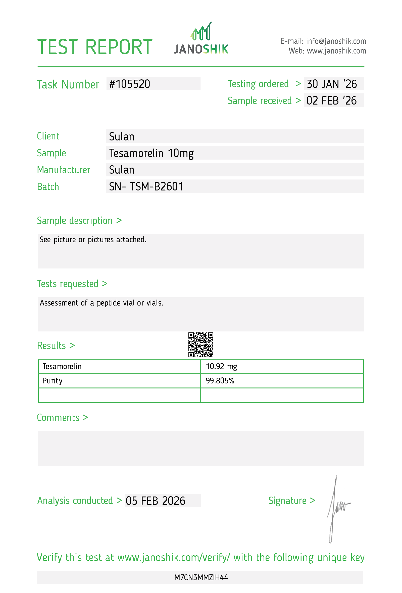 Tesamorelin 10mg Janoshik report